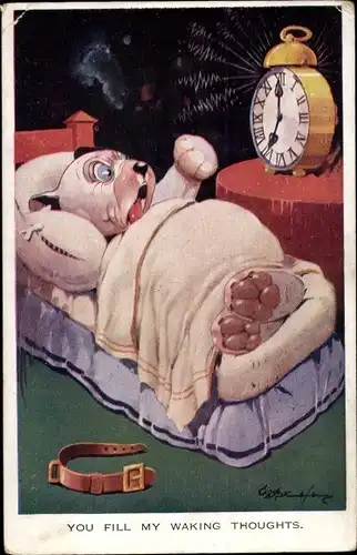 Künstler Ak Studdy, George E., Dog Bonzo, Hund im Bett, Wecker, You fill my waking Thoughts