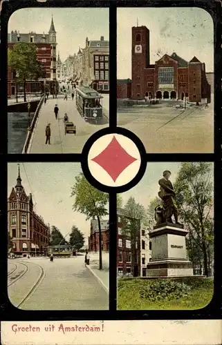 Ak Amsterdam Nordholland Niederlande, Stadtansichten, Denkmal, Straßenbahn, Spielkarte