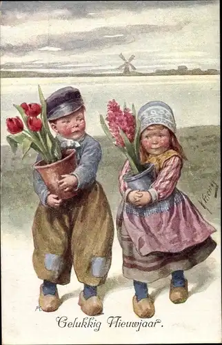 Künstler Ak Feiertag, K., Glückwunsch Neujahr, Kinder in niederländischen Trachten, Blumen, Tulpen