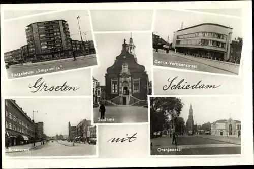 Ak Schiedam Südholland Niederlande, Stadhuis, Broersvest, Oranjestraat, Flatgebouw Singelwijck