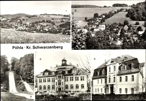Ak Pöhla Schwarzenberg im Erzgebirge Sachsen, Rathaus, Sprungschanze, Oberschule, Teilansicht