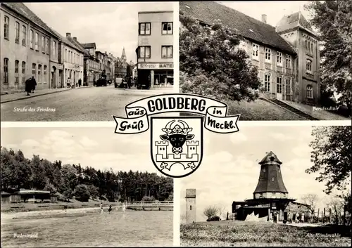 Wappen Ak Goldberg in Mecklenburg, Straße des Friedens, alte Windmühle, Badestrand, Berufsschule