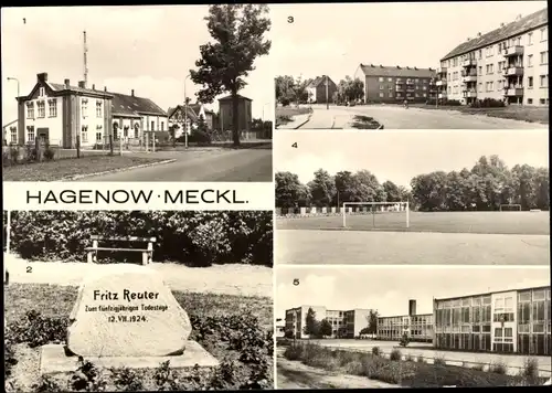 Ak Hagenow in Mecklenburg, Wasserwerk, Fritz-Reuter-Gedenkstein, Neue Heimat, Sportplatz, POS II