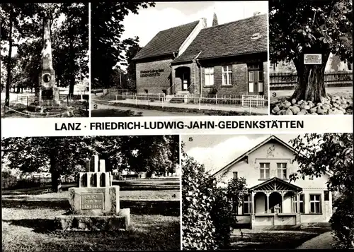 Ak Lanz in der Prignitz, Geburtshaus Fr.- Ludwig-Jahn, Jahndenkmal, Gedenkeiche, Gedenkstein