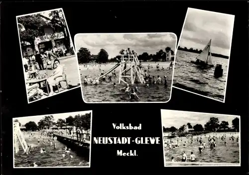 Ak Neustadt Glewe in Mecklenburg, Volksbad, Rutsche, Segelboot, Badegäste
