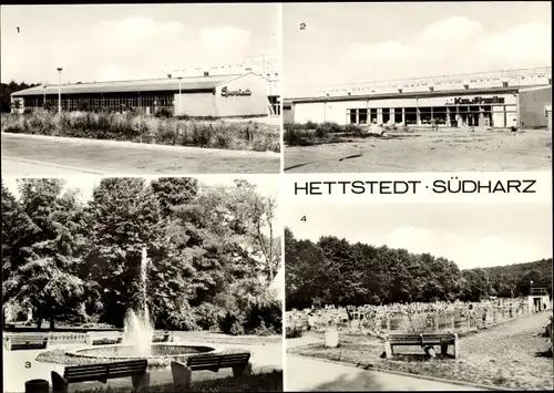 Ak Hettstedt im Südharz, Sporthalle, HO Kaufhalle, Wasserspiel im Stadtpark, Schwimmbad