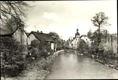 Ak Einsiedel Karl Marx Stadt Chemnitz in Sachsen, Flusspartie, Kirchturm, Häuser