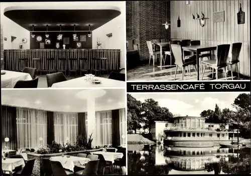 Ak Torgau an der Elbe, Terrassencafé, Aussen- und Innenansicht