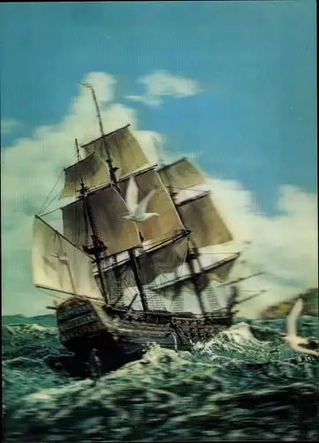 3 D Ak Segelschiff auf See, Dreimaster, Möwen