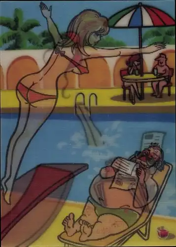 3D Ak Frau im knappen Bikini springt von Sprungbrett, Mann fällt ins Wasser