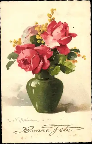 Künstler Litho Klein, Catharina, Rote Rosen, Mimose, Grüne Blumenvase