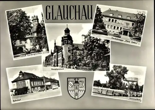 Ak Glauchau in Sachsen, Kinderkrippe Clara Zetkin, Bahnhof, Sommerbad, Schloss Vorderglauchau