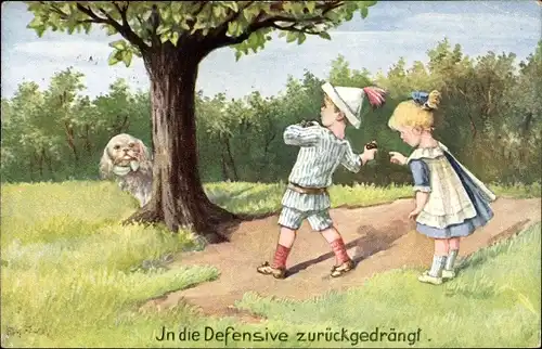 Künstler Ak Hinter dem Baum versteckter Hund, Kinder, In die Defensive zurückgedrängt