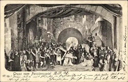 Ak Passionsspiel, Jesus Kreuz tragend