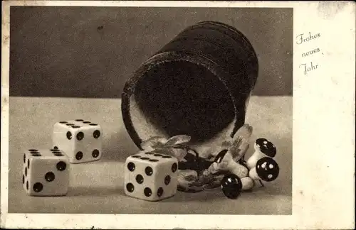 Ak Glückwunsch Neujahr, Würfel, Becher, Glücksklee