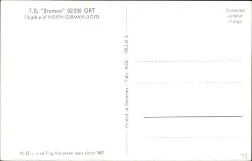 Ak Vierschrauben TS Bremen, Dampfer, Norddeutscher Lloyd