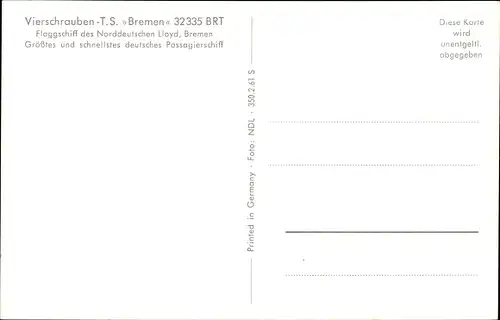 Ak Vierschrauben TS Bremen, Dampfer, Norddeutscher Lloyd