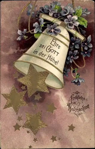 Präge Ak Glückwunsch Weihnachten, Glocke, Sterne, Veilchen