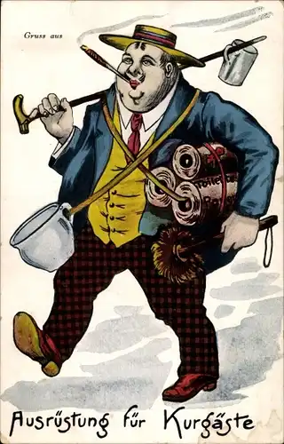 Ak Ausrüstung für Kurgäste, Rauchender Mann, Becher, Gehstock