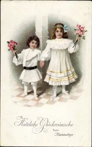 Ak Glückwunsch Namenstag, Kinder mit Blumen, Rosen