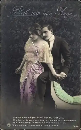 Ak Liebespaar, Blick mir ins Auge, Vor meinem heißen Blick bist du entfliehen...