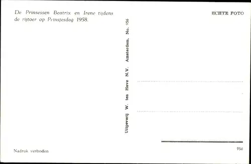 Ak Prinzessinnen Beatrix und Irene der Niederlande, Prinsjesdag 1958