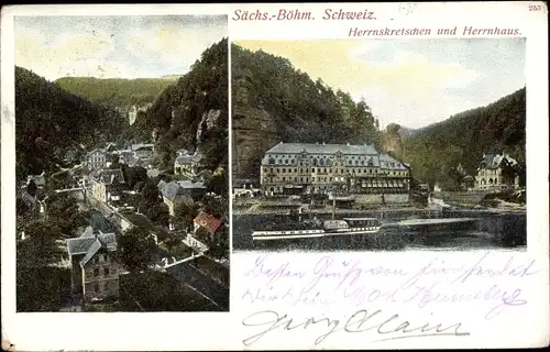 Ak Hřensko Herrnskretschen Elbe Region Aussig, Blick auf den Ort, Herrnhaus