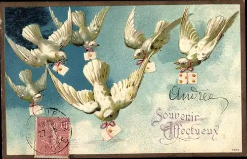 Präge Litho Souvenir Affectueux, Fliegende weiße Brieftauben mit Briefen
