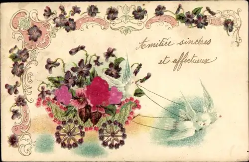 Stoff Präge Litho Rosen, Tauben ziehen einen Karren, Veilchen