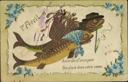 Präge Litho 1. April, Ier Avril, Vermenschlichte Fische