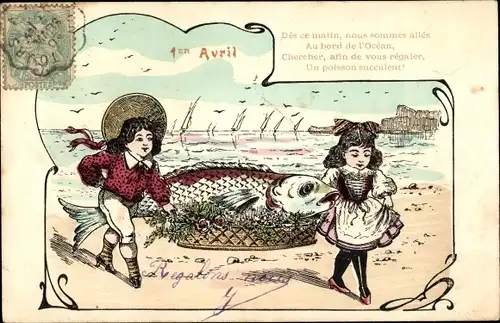 Ak 1. April, Ier Avril, Kinder tragen großen Fisch in einem Korb