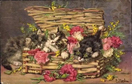 Künstler Ak Merlin, D., Drei kleine Katzen, Korb mit Nelken