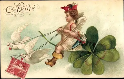 Ak Amitie, Engel, Kleeblatt, Tauben