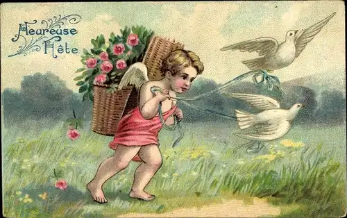 Präge Litho Glückwunsch, Heureuse Fete, Engel mit Rückentrage, Tauben