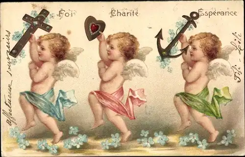 Präge Litho Allegorie, Foi, Charite, Esperance, Vergissmeinnicht, Engel