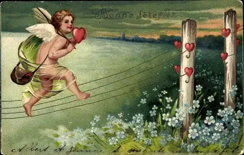 Präge Litho Glückwunsch, Bonne Fete, Liebesengel auf einer Telefonleitung, Herzen