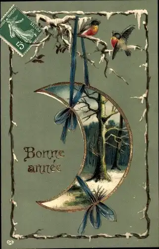 Präge Winter Litho Glückwunsch Neujahr, Landschaft in einer Mondsichel, Vögel