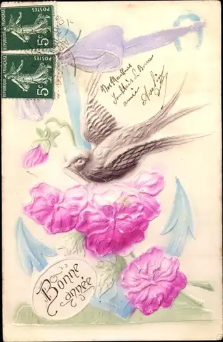 Präge Litho Glückwunsch Neujahr, Taube, Blüten, Anker