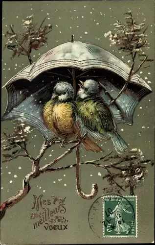 Präge Litho Mes meilleurs voeux, Meisen unter einem Regenschirm, Schneefall, Vögel
