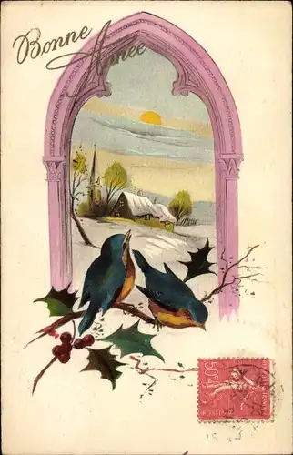 Ak Glückwunsch Neujahr, Vögel auf einem Ast, Winterlandschaft