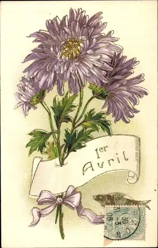 Ak 1. April, Ier Avril, Blüte, Fisch, Aster