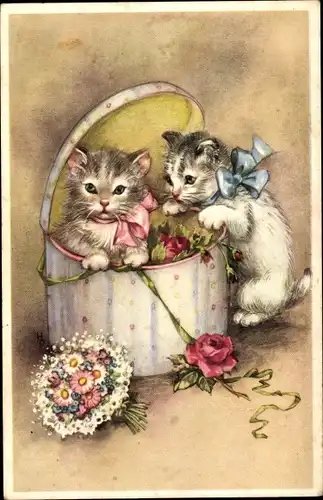 Ak Zwei kleine Katzen in einer Schachtel, Blumenstrauß
