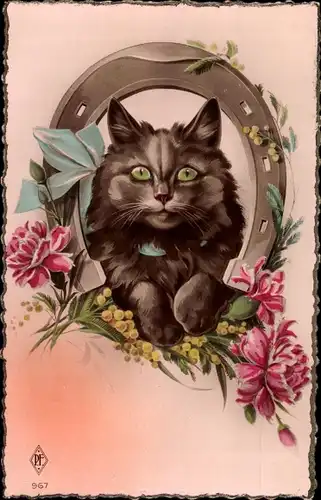 Ak Schwarze Katze, Nelken, Hufeisen