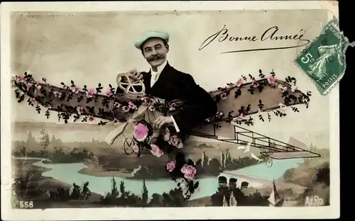 Ak Glückwunsch Neujahr, Mann in einem Flugzeug, Fotomontage