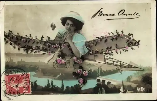 Ak Glückwunsch Neujahr, Frau in einem Flugzeug, Fotomontage