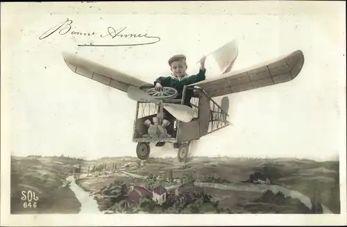 Ak Glückwunsch Neujahr, Junge in einem Flugzeug, Fotomontage