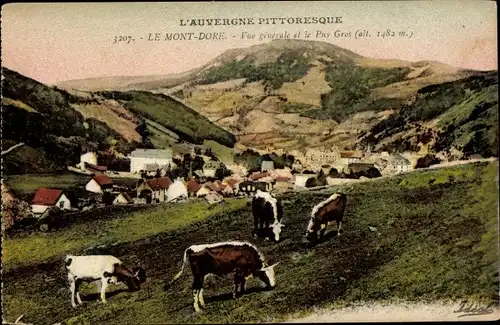 Ak Le Mont Dore Puy de Dôme, Vue generale et le Puy Gros, Kühe