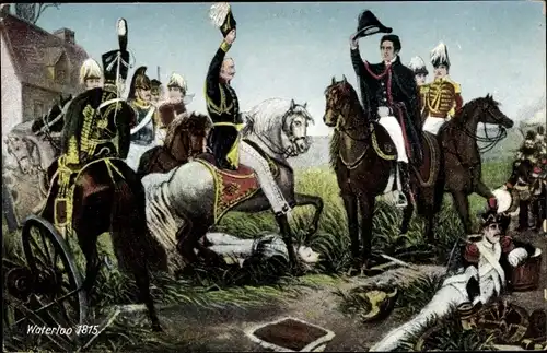 Ak Waterloo Wallonisch Brabant, Zusammentreffen Wellingtons mit Blücher vor Belle-Alliance, 1815