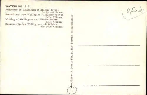 Ak Waterloo Wallonisch Brabant, Zusammentreffen Wellingtons mit Blücher vor Belle-Alliance, 1815