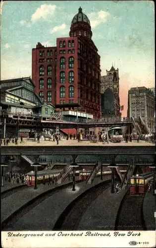 Ak New York City USA, Underground R. R. and Park Row, U-Bahnstation mit Bahnen, Hochhäuser